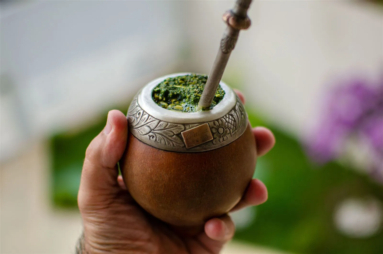 Mate puodelis su bombilla rankoje