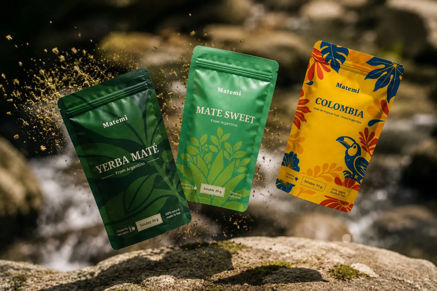 Matemi soluble mate pouches above a mountain stream